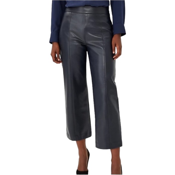 NWT Ann Taylor High Waist Easy Straight Cropped Navy Blue Faux Leather Pants  14 - Picture 1 of 11